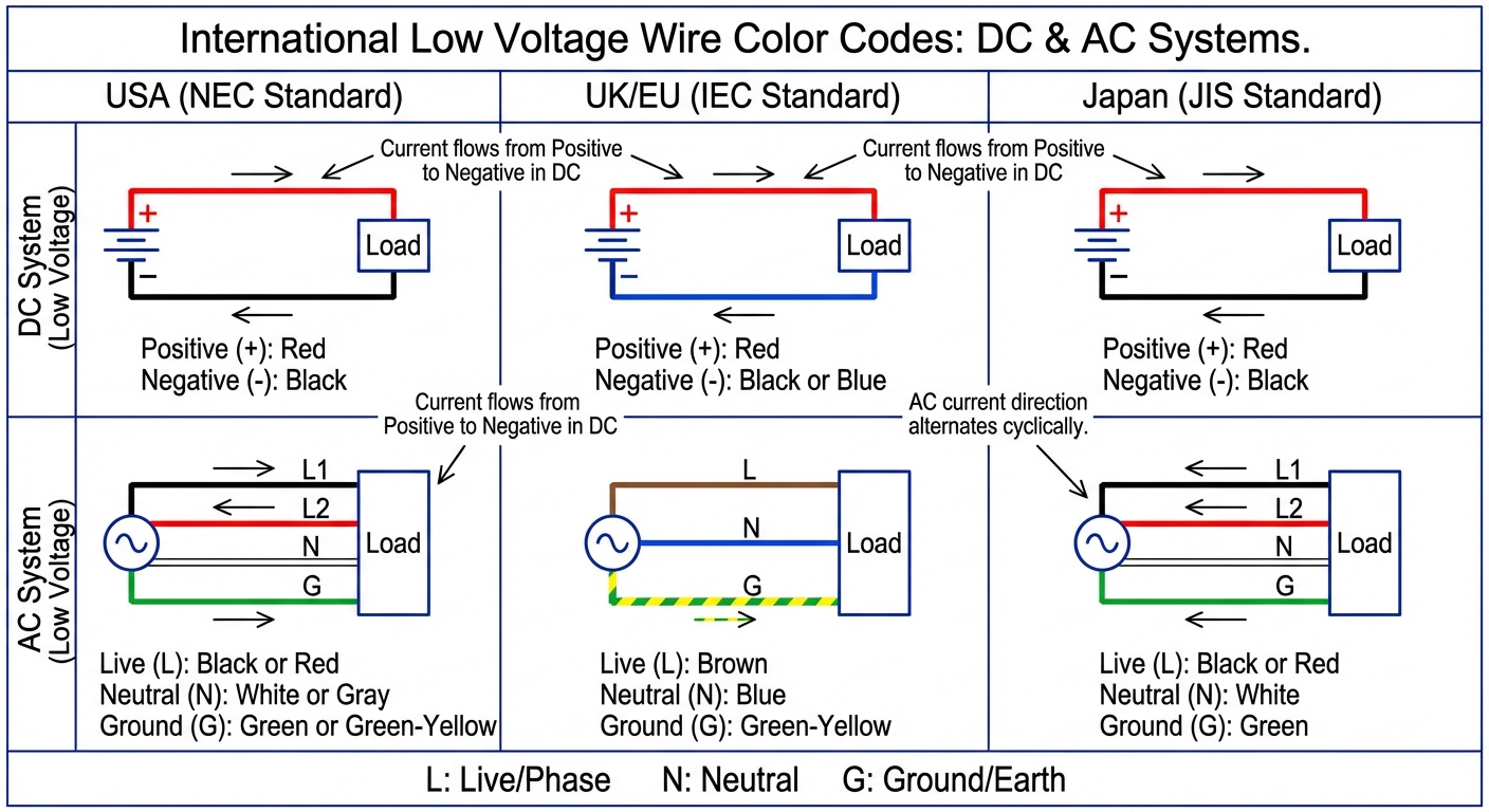 Schematic diagram of wire color codes for DC and AC systems