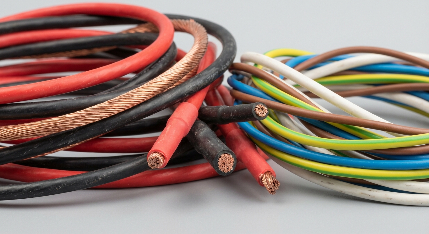 Photorealistic image of various colored electrical wires for DC and AC applications.