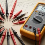 Various multimeter probes with color codes on a digital multimeter