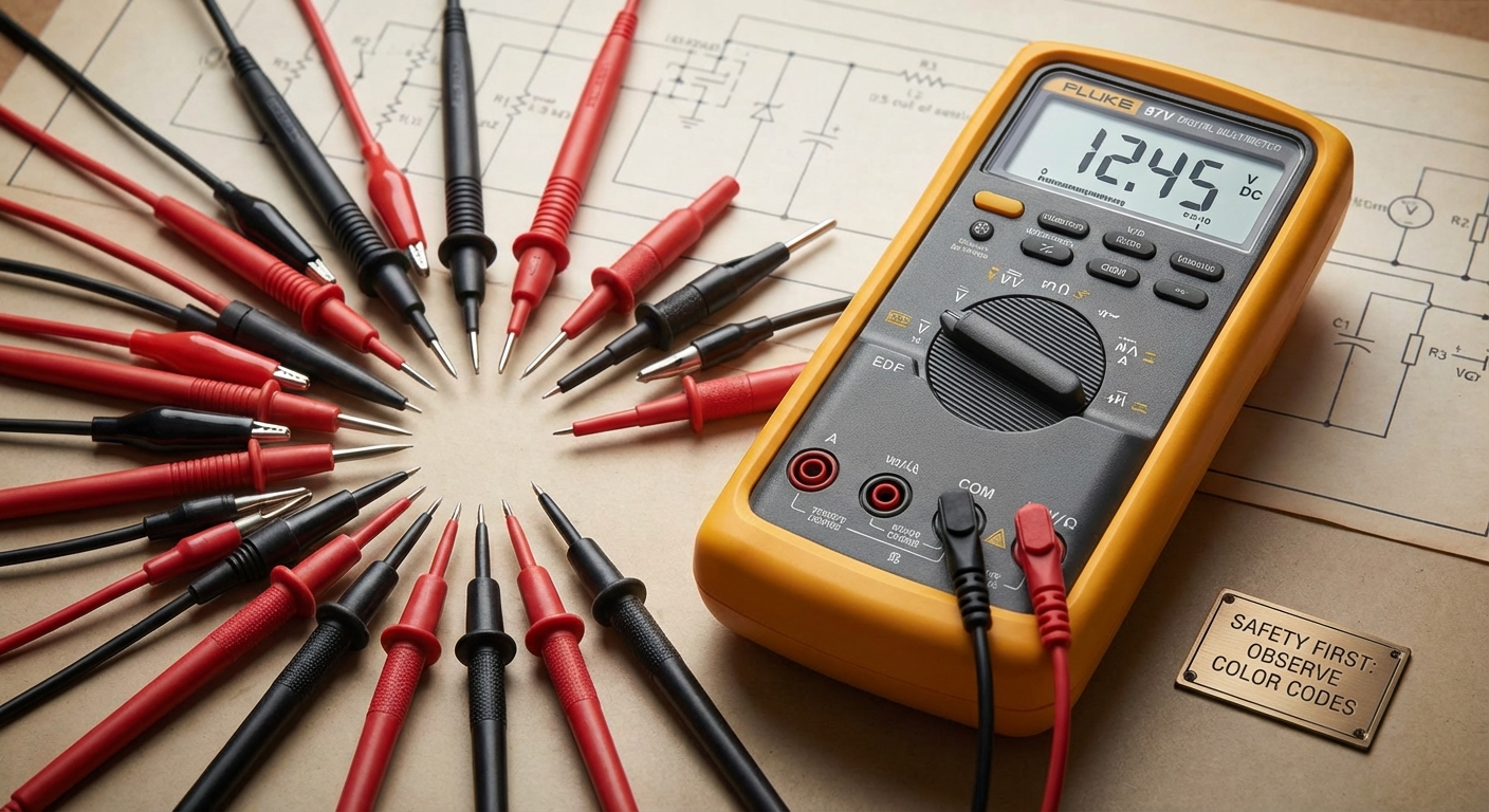 Various multimeter probes with color codes on a digital multimeter