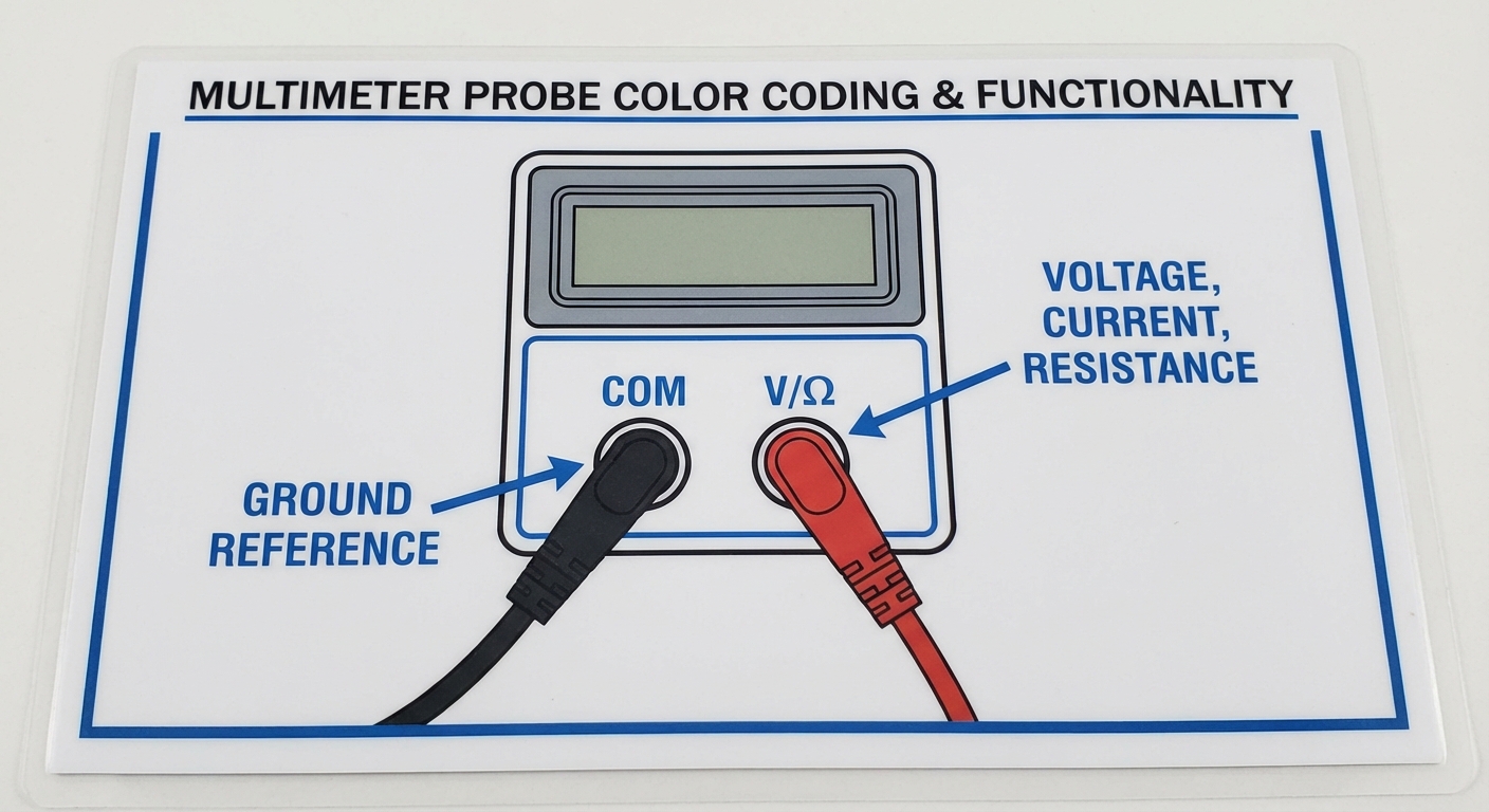 Diagram illustrating the color codes and functions of multimeter probes.