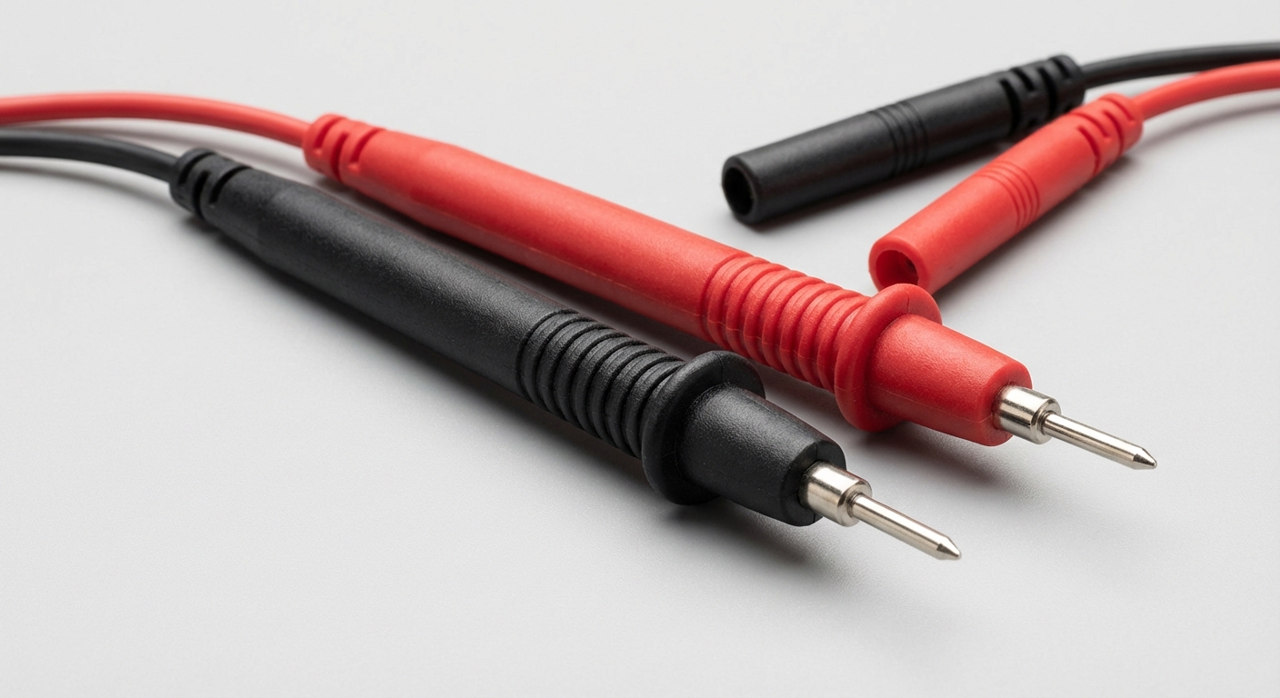 Close-up image of multimeter probes in black and red, showcasing detailed design.