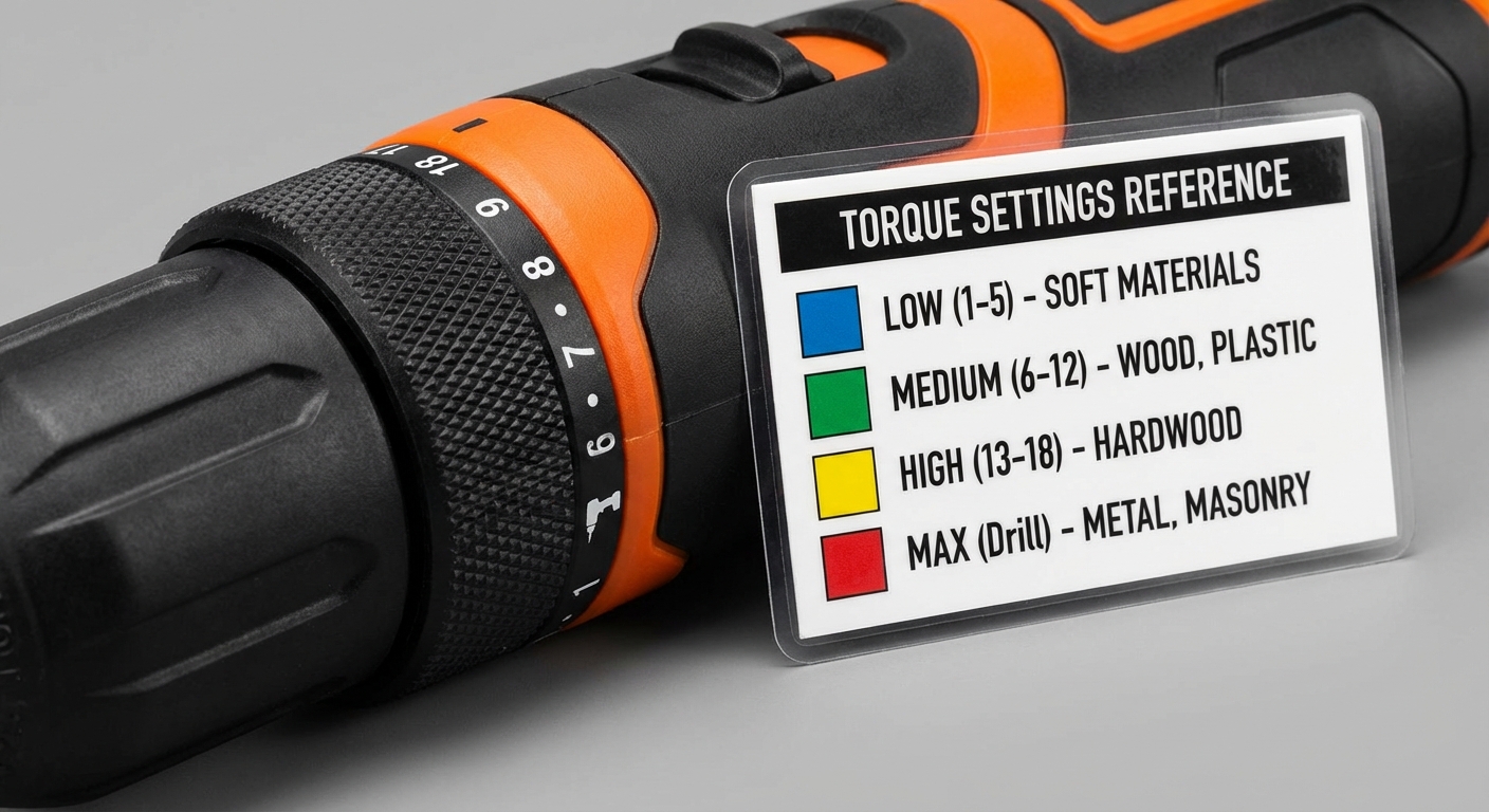 Close-up image of an electric screwdriver displaying the torque setting dial and color reference chart