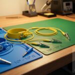 Various ESD straps and anti-static mats showcasing color codes and functionalities