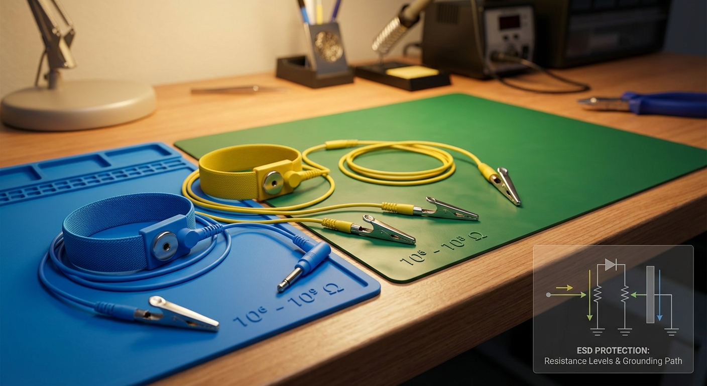 Various ESD straps and anti-static mats showcasing color codes and functionalities