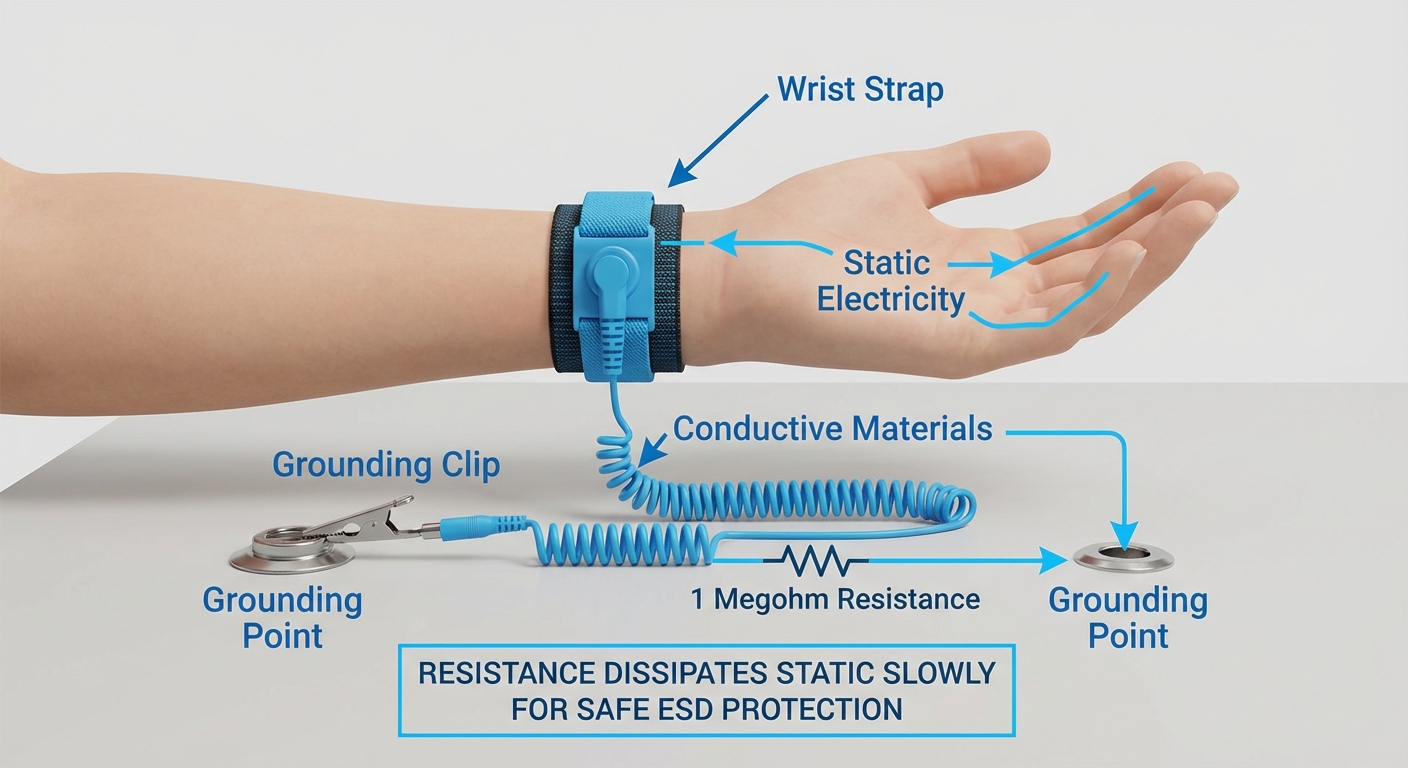 Diagram showing ESD strap components and functionality