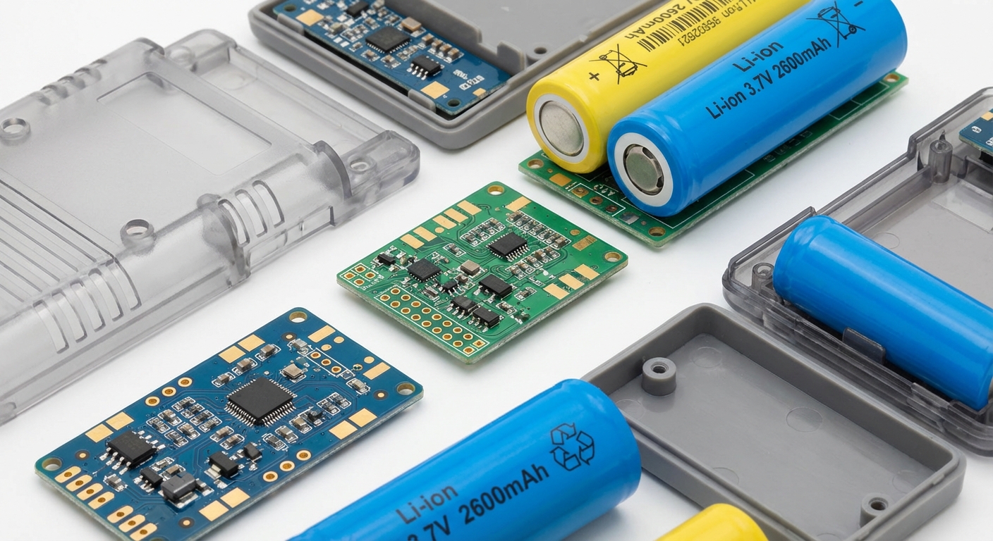 Close-up image of various electronic hardware components relevant to e-waste.