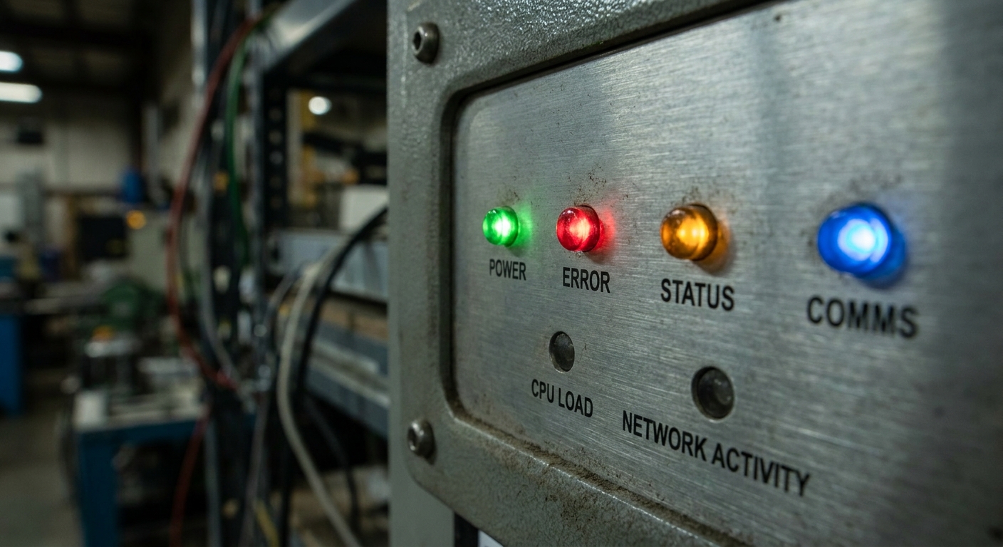 High-quality macro shot of LED status indicators on an industrial PC control panel