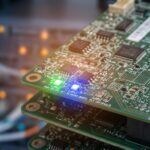 Hyper-realistic image showing a server circuit board with various colored heartbeat LEDs