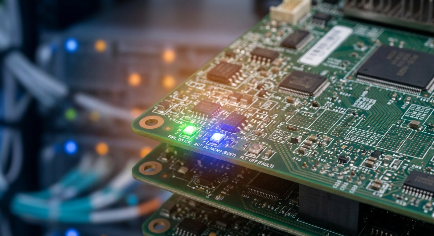 Hyper-realistic image showing a server circuit board with various colored heartbeat LEDs