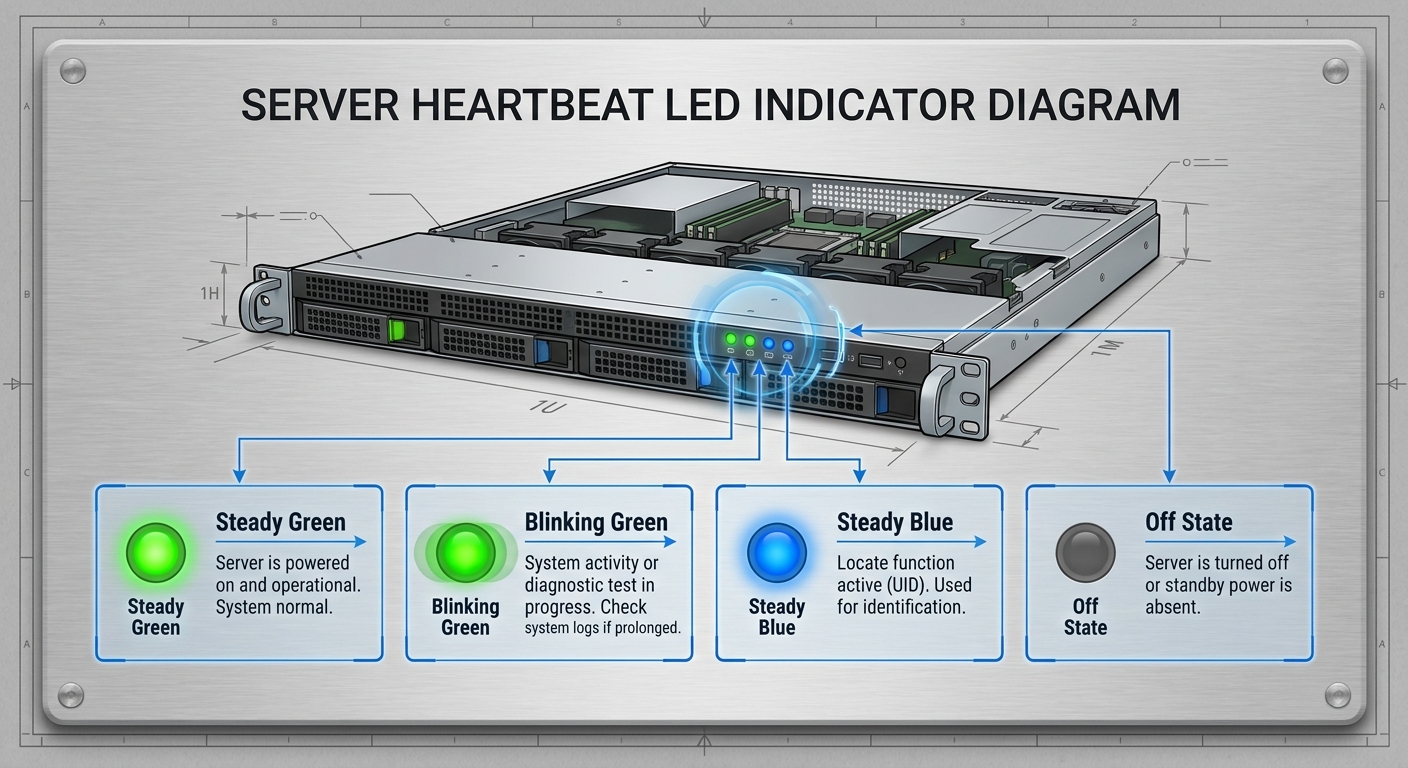 Diagram of server heartbeat LED color codes and meanings