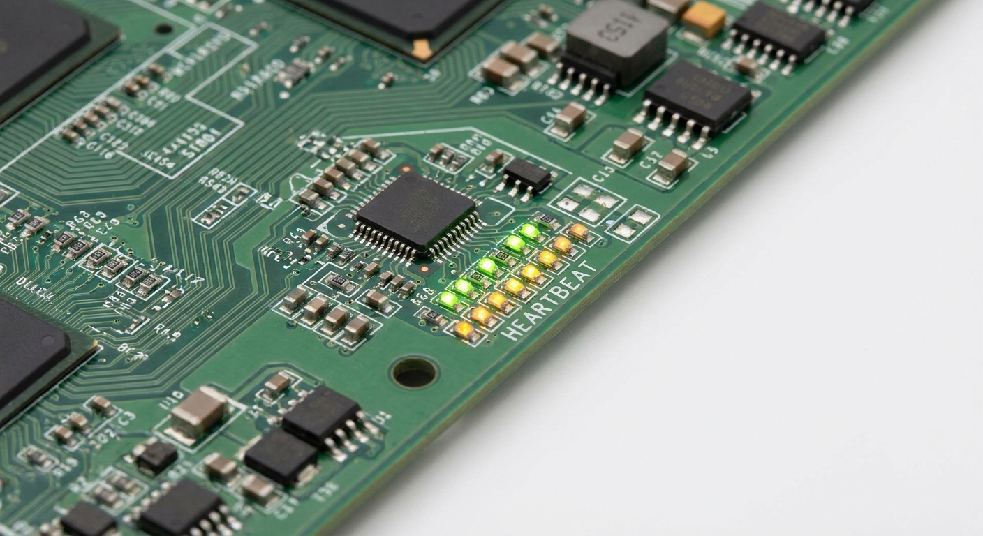 Macro photograph of server motherboard with heartbeat LED indicators