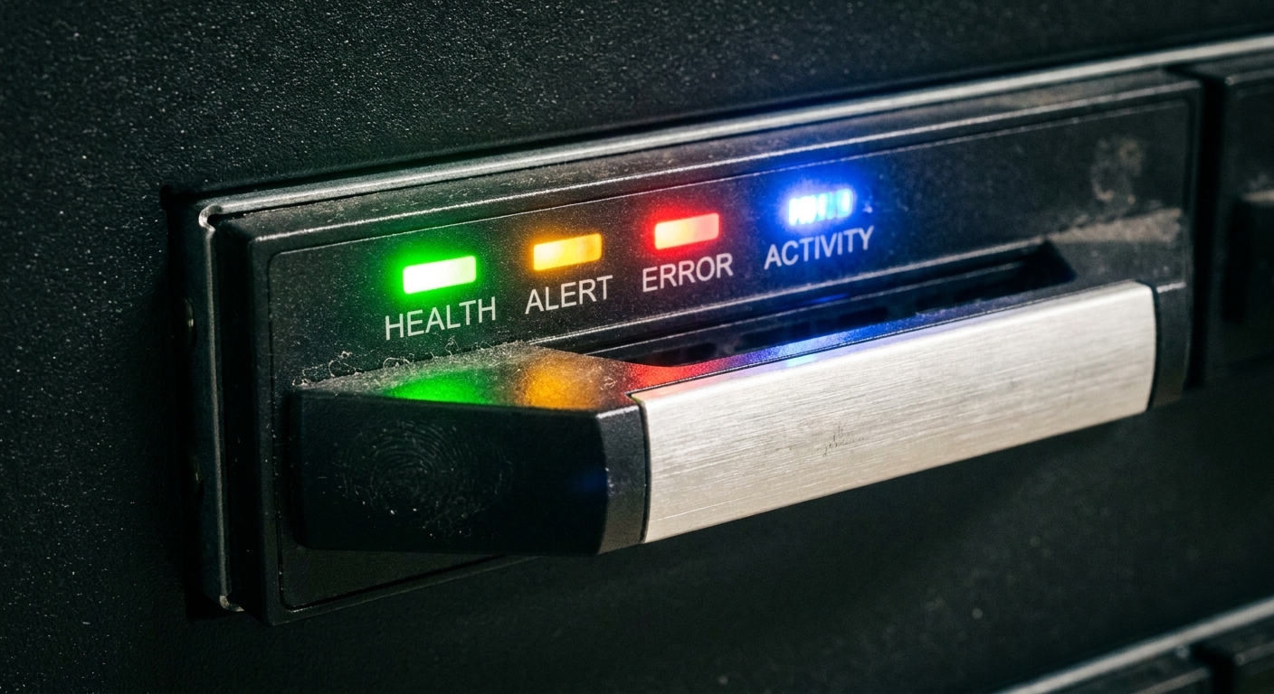 Close-up of NAS drive tray with colored status lights