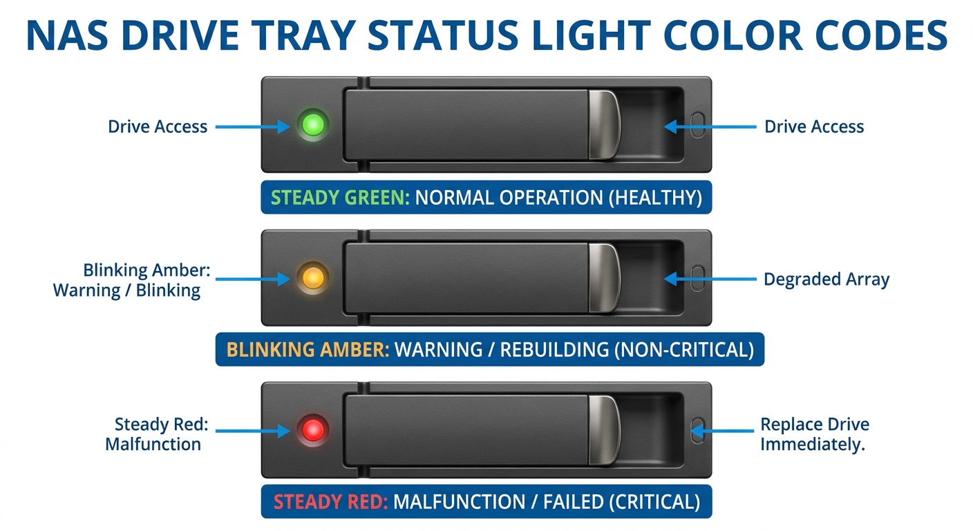 Technical diagram of NAS drive tray light codes showing color meanings