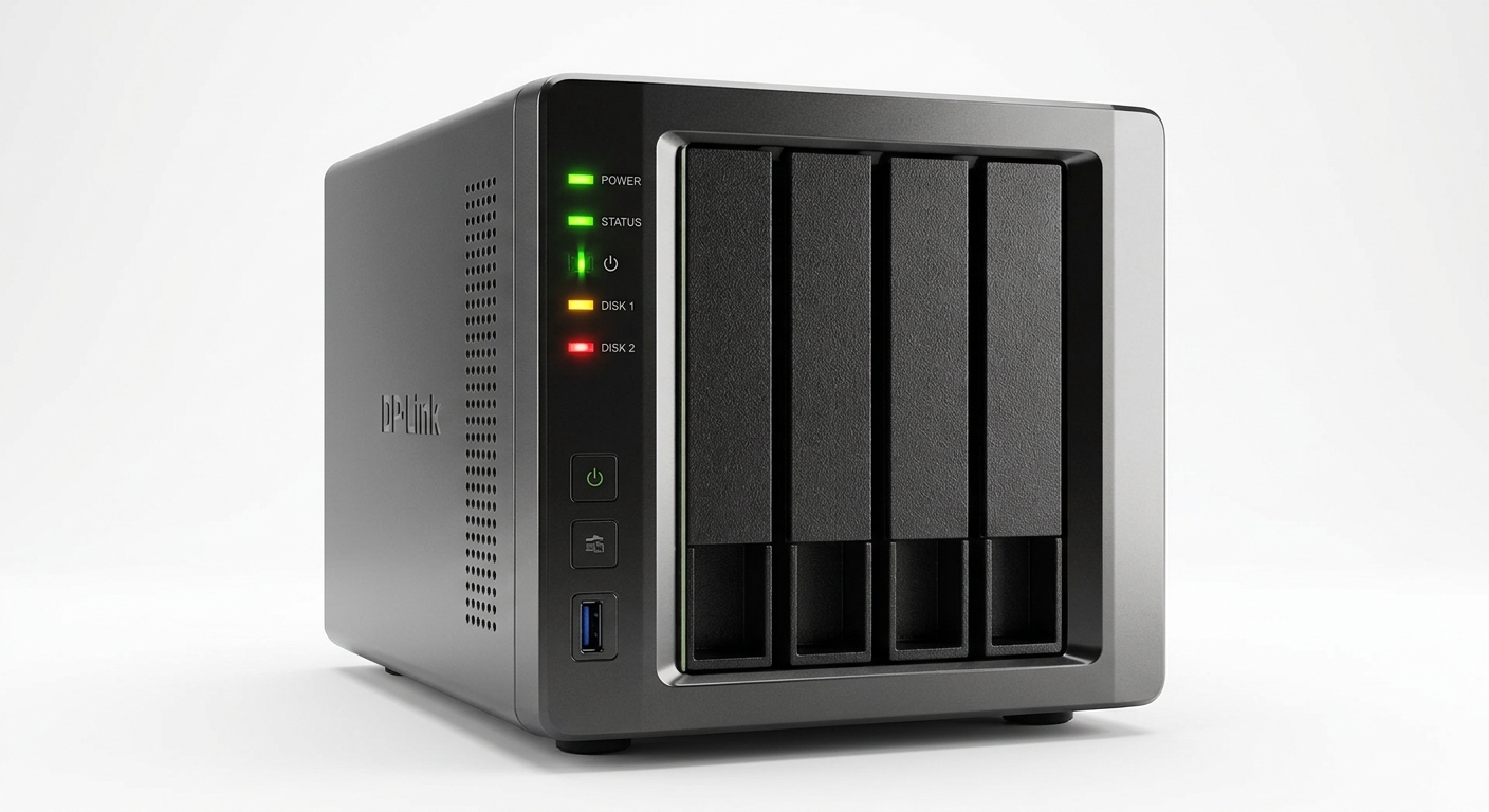 Photorealistic image of a NAS device with illuminated status lights