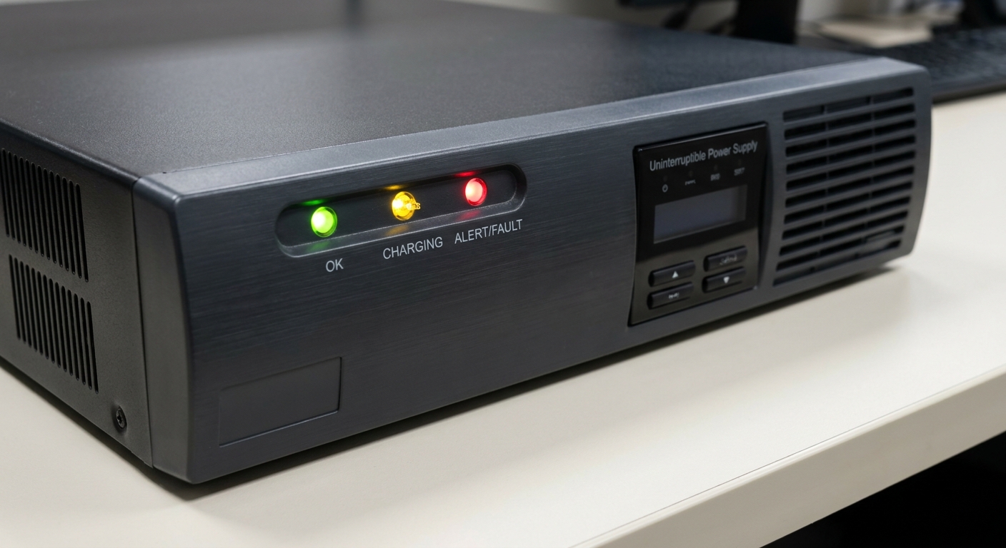 UPS unit with green, yellow, and red LED indicators showing various statuses