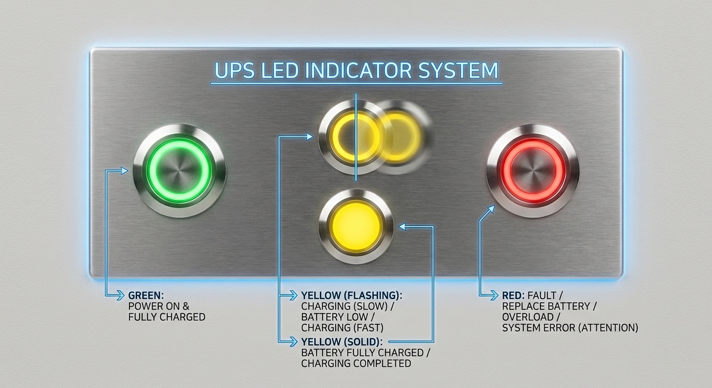 Diagram of UPS LED indicator meanings.