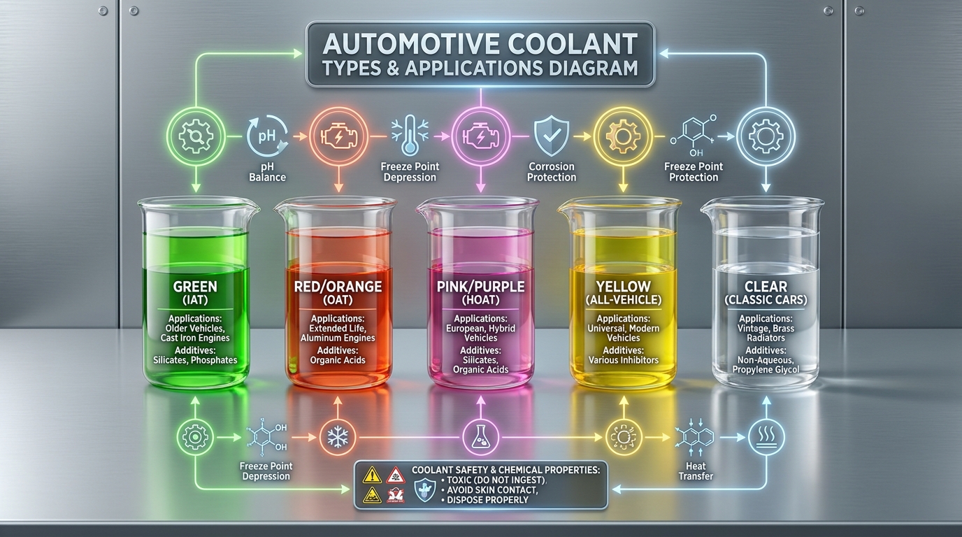 Infographic showing different coolant colors and their properties