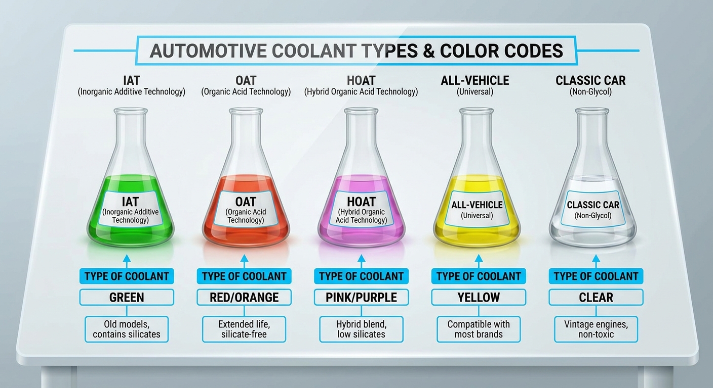 Diagram showing different types of automotive coolants and their corresponding color codes.