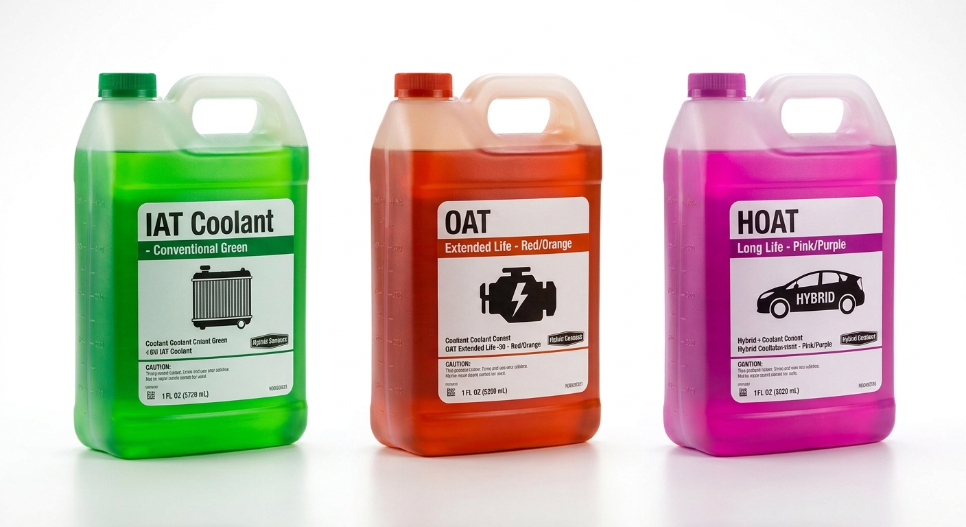 Three bottles of automotive coolants in different colors: green, red/orange, and pink/purple.