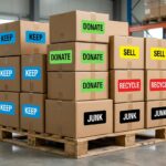 A collection of color-coded shipping boxes organized for moving