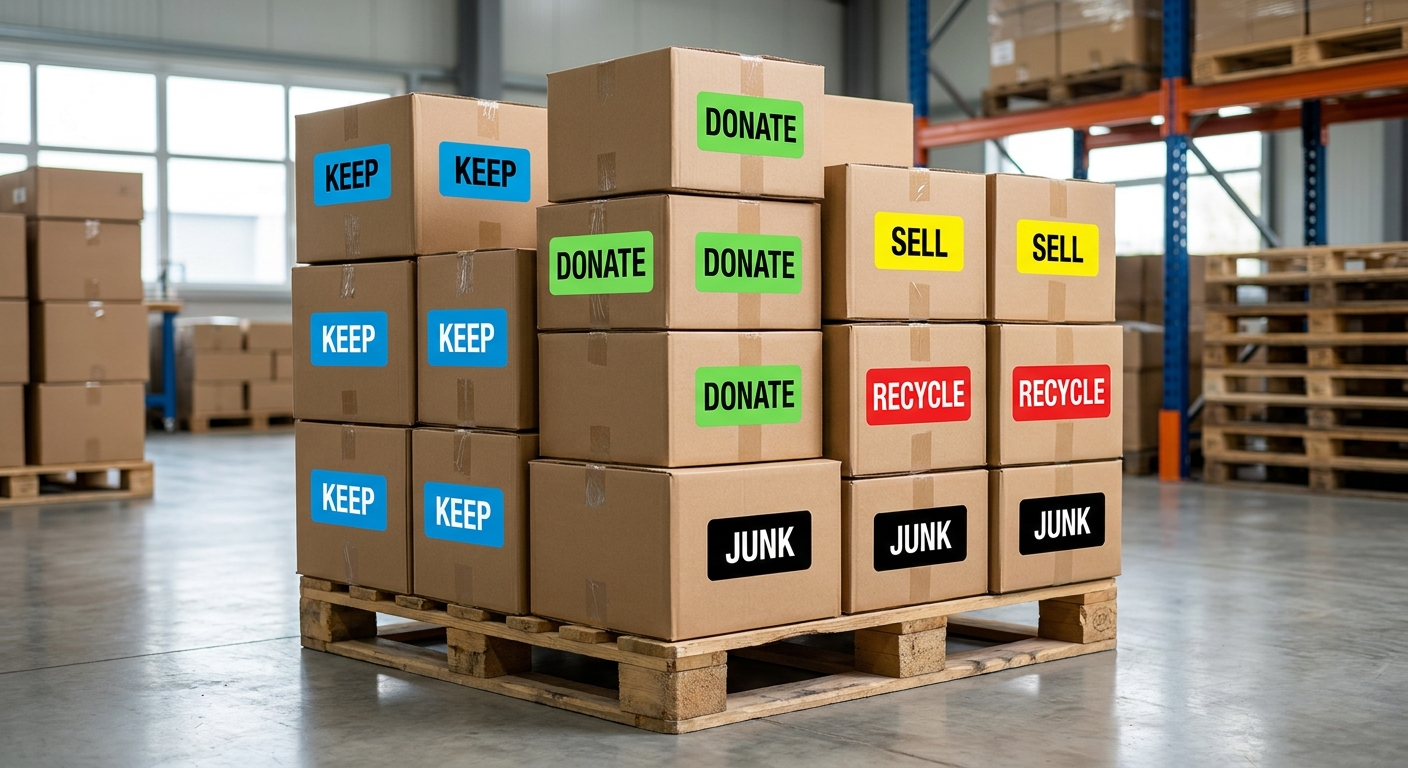 A collection of color-coded shipping boxes organized for moving
