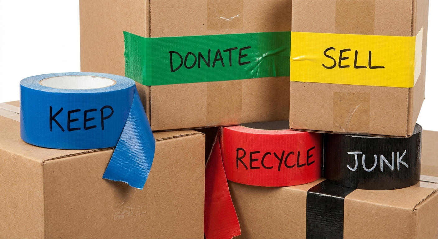 Photorealistic image of moving boxes with color-coded tape labels