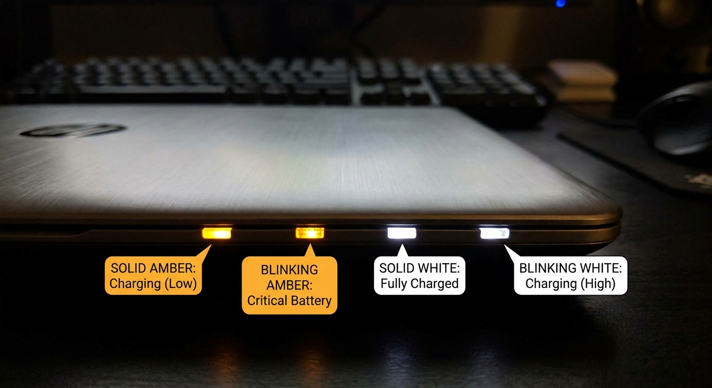Close-up of laptop battery indicator light showing various colors