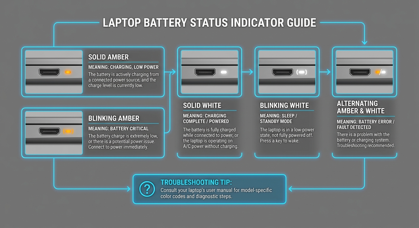 Technical diagram of laptop battery indicator light color codes with explanations.