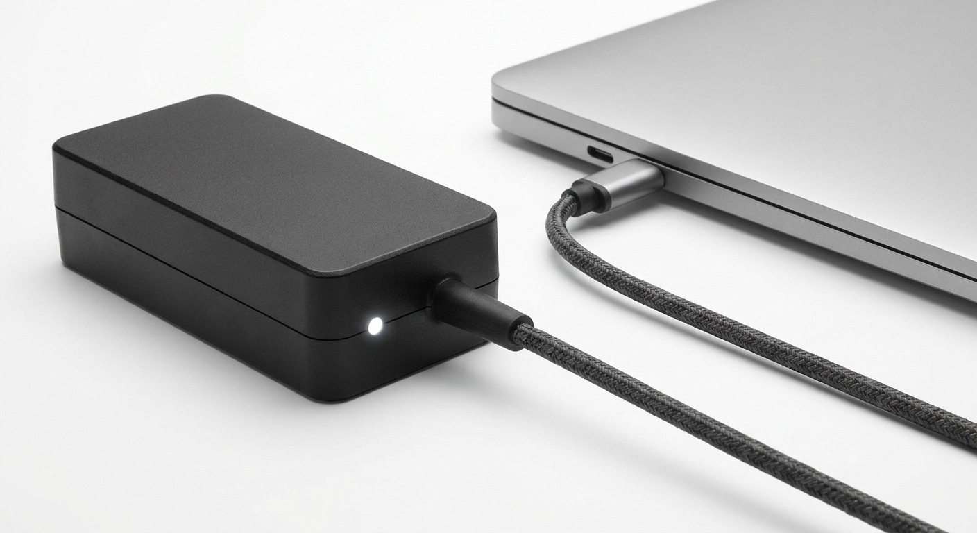 Photorealistic image of a laptop power adapter with a solid white indicator light.
