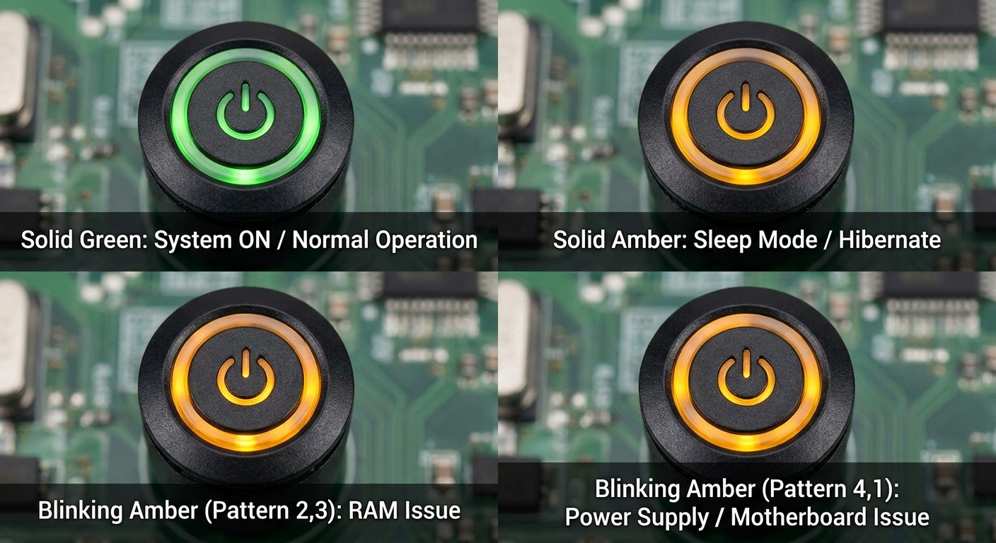 Close-up of Dell OptiPlex power button with blinking color codes
