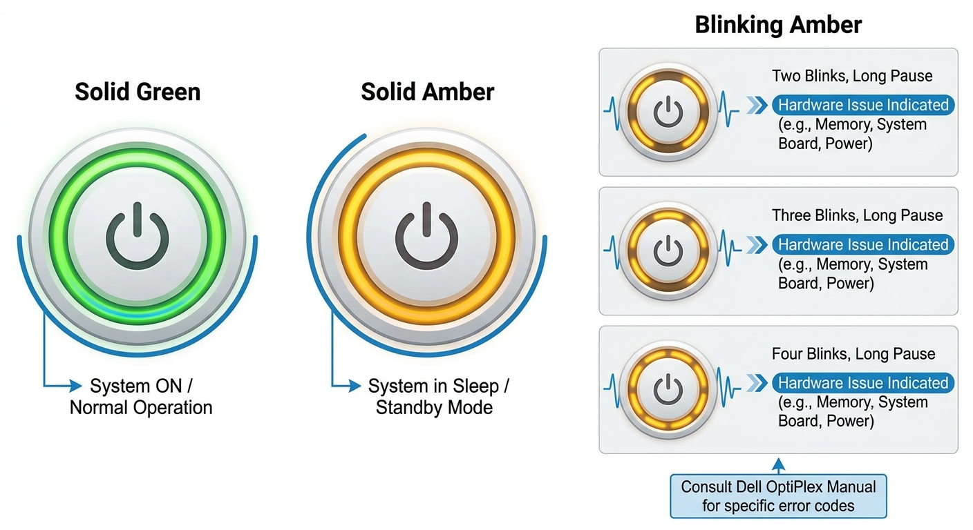 Educational diagram illustrating the color codes of Dell OptiPlex power button.