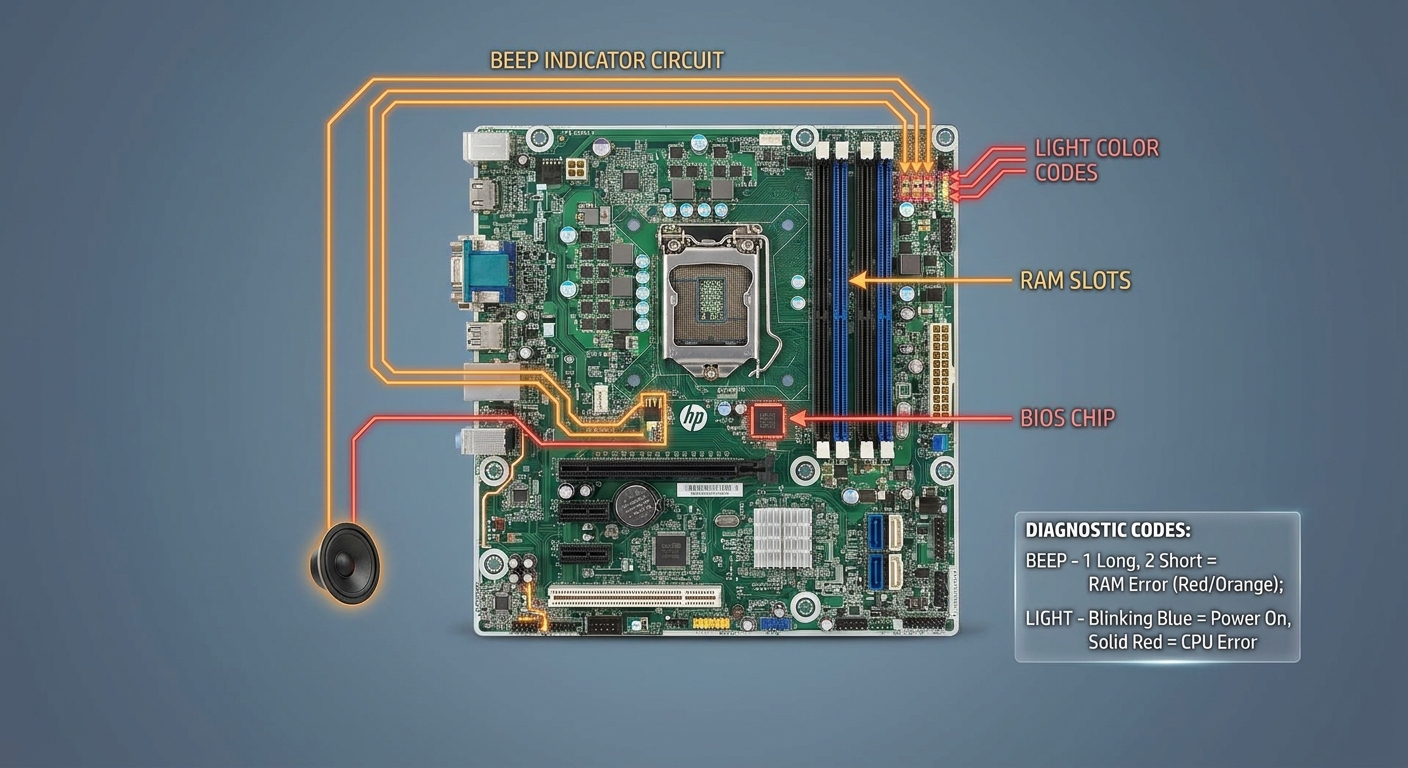 Diagram of HP desktop motherboard with beep and light indicator circuits