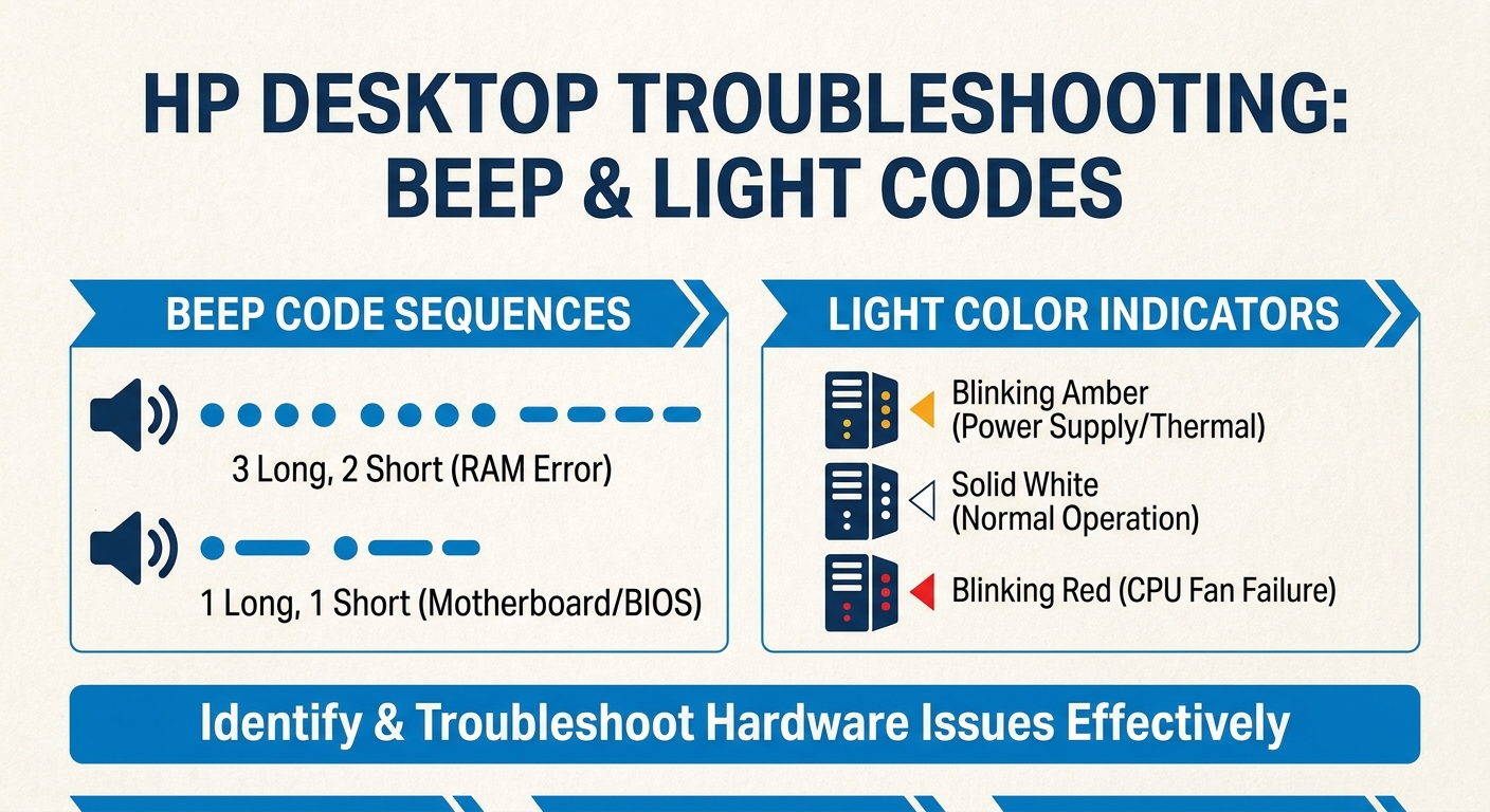 Diagram illustrating HP desktop beep codes and light color codes