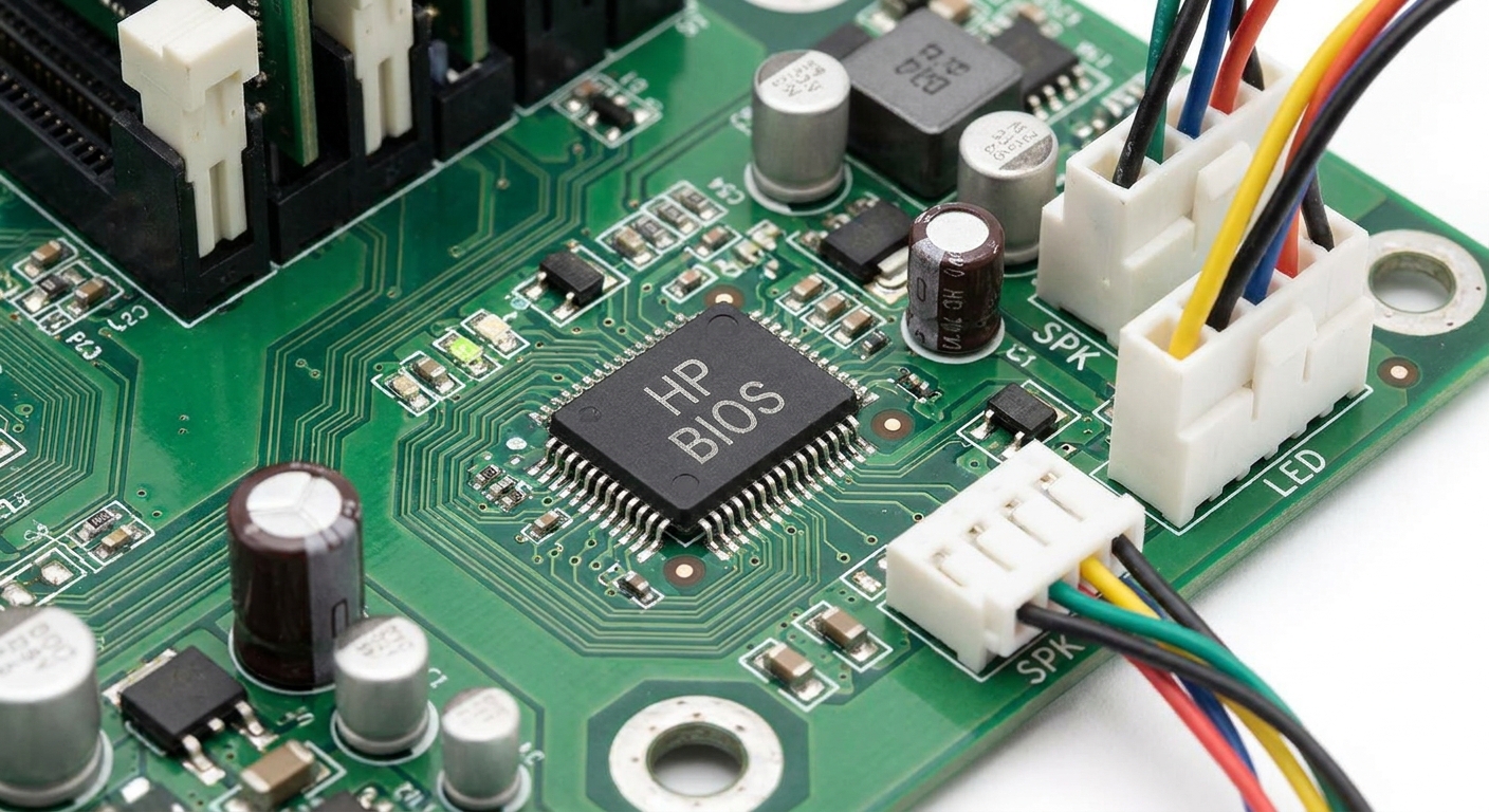 Photorealistic image of HP desktop motherboard components