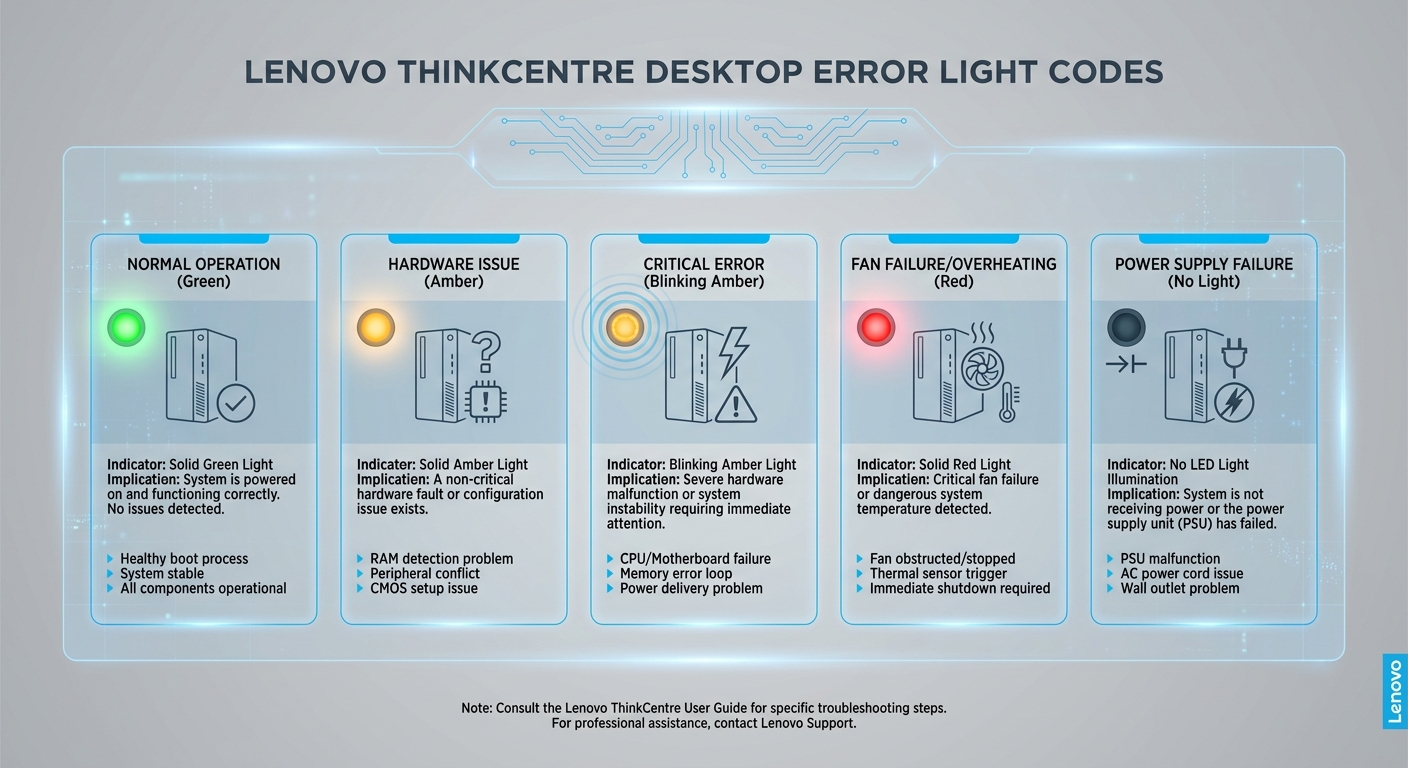 Diagram showing error light color codes for Lenovo ThinkCentre
