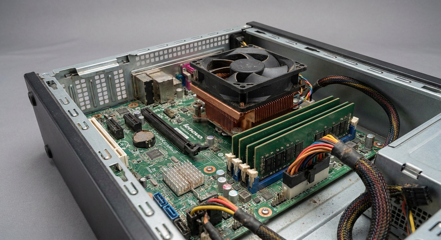Close-up view of Lenovo ThinkCentre internal components