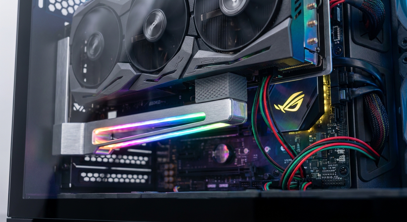 Close-up of an ARGB GPU sag bracket with RGB lighting and color-coded wires