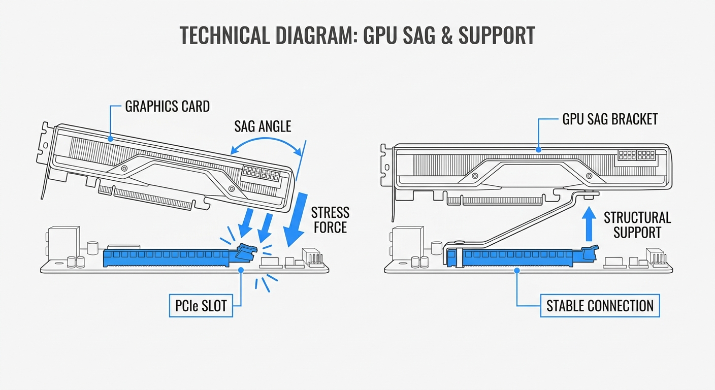 Technical diagram showing GPU sag effects and bracket support
