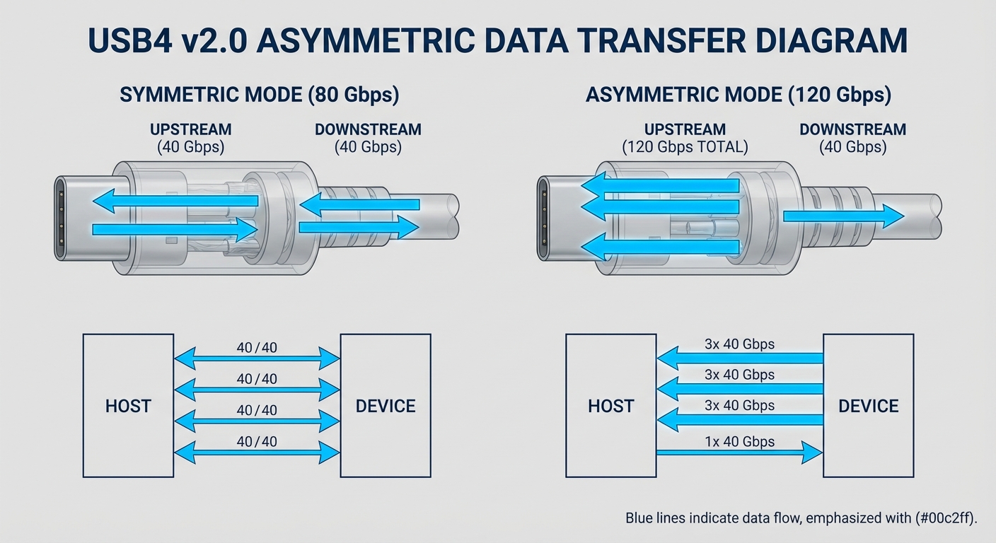 Diagram illustrating asymmetric data transfer in USB technology.