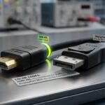 Close-up of HDMI and DisplayPort connectors with color codes