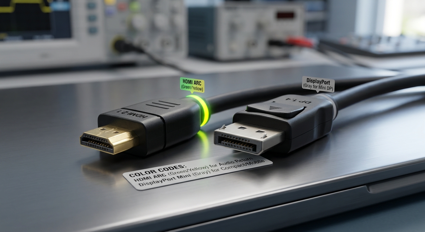Close-up of HDMI and DisplayPort connectors with color codes