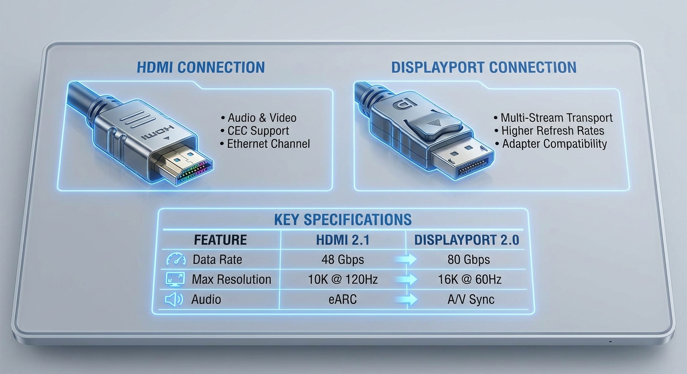 Technical diagram comparing HDMI and DisplayPort features and connections