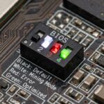 Close-up view of GPU BIOS switch with color codes