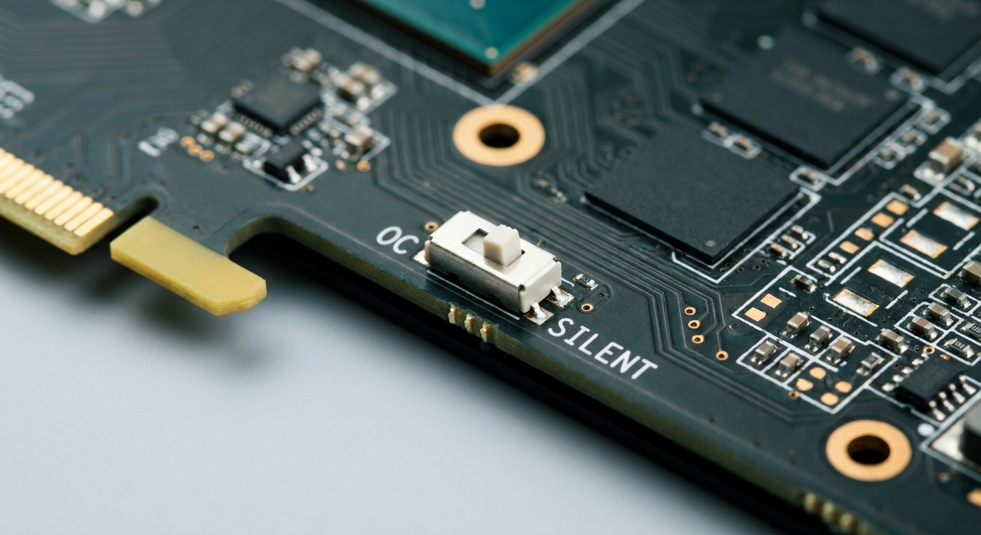 Close-up of a graphics processing unit with visible BIOS switch
