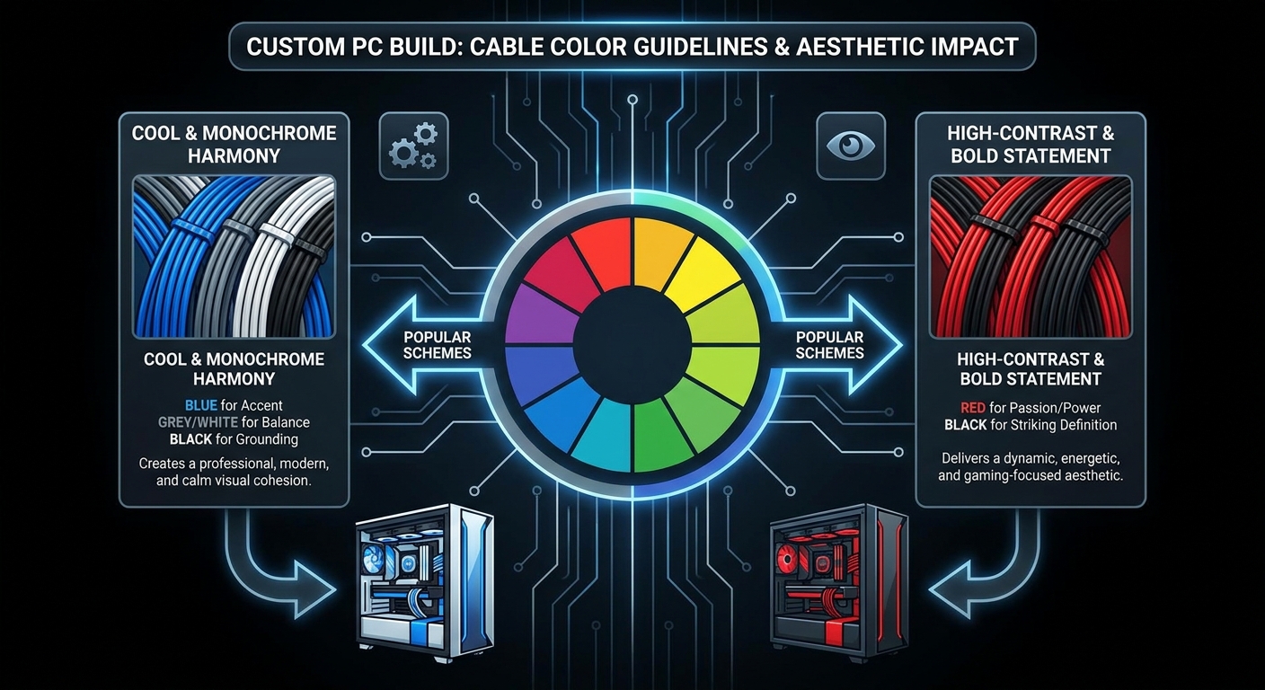 Infographic showing guidelines for selecting colors for custom PC cable sleeving.