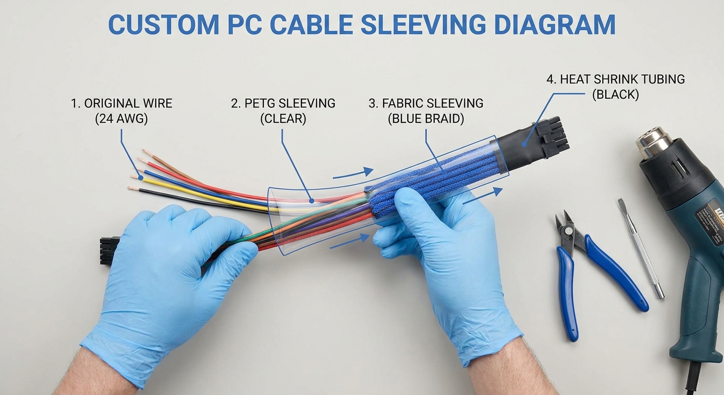 Diagram showing the steps and components of custom PC cable sleeving