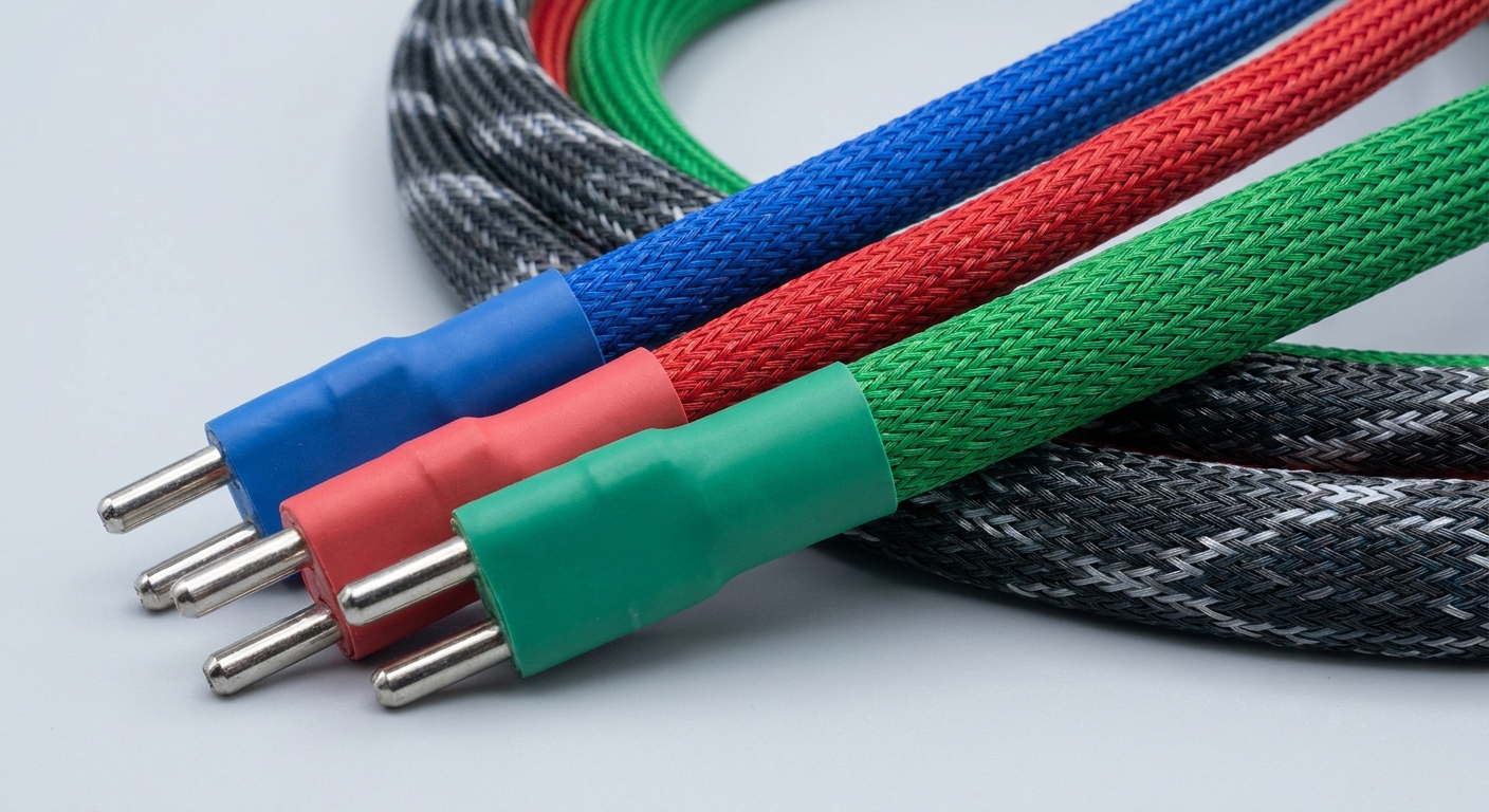 Photorealistic image of various custom sleeved power cables