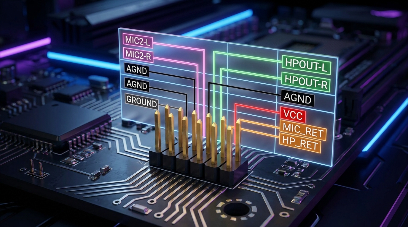 Diagram of front panel audio header pinout with color codes