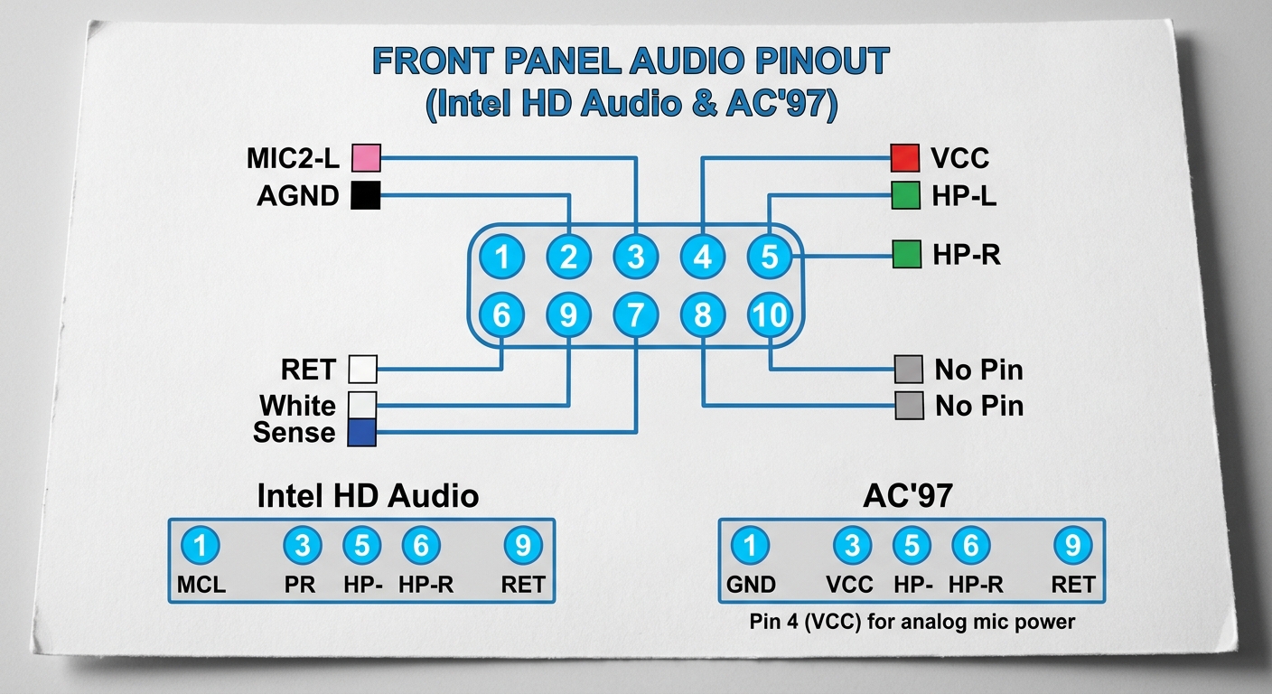 Diagram showing front panel audio header pinout configuration and color codes
